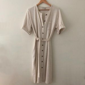 Vintage Linen Tie-Waist Midi Dress